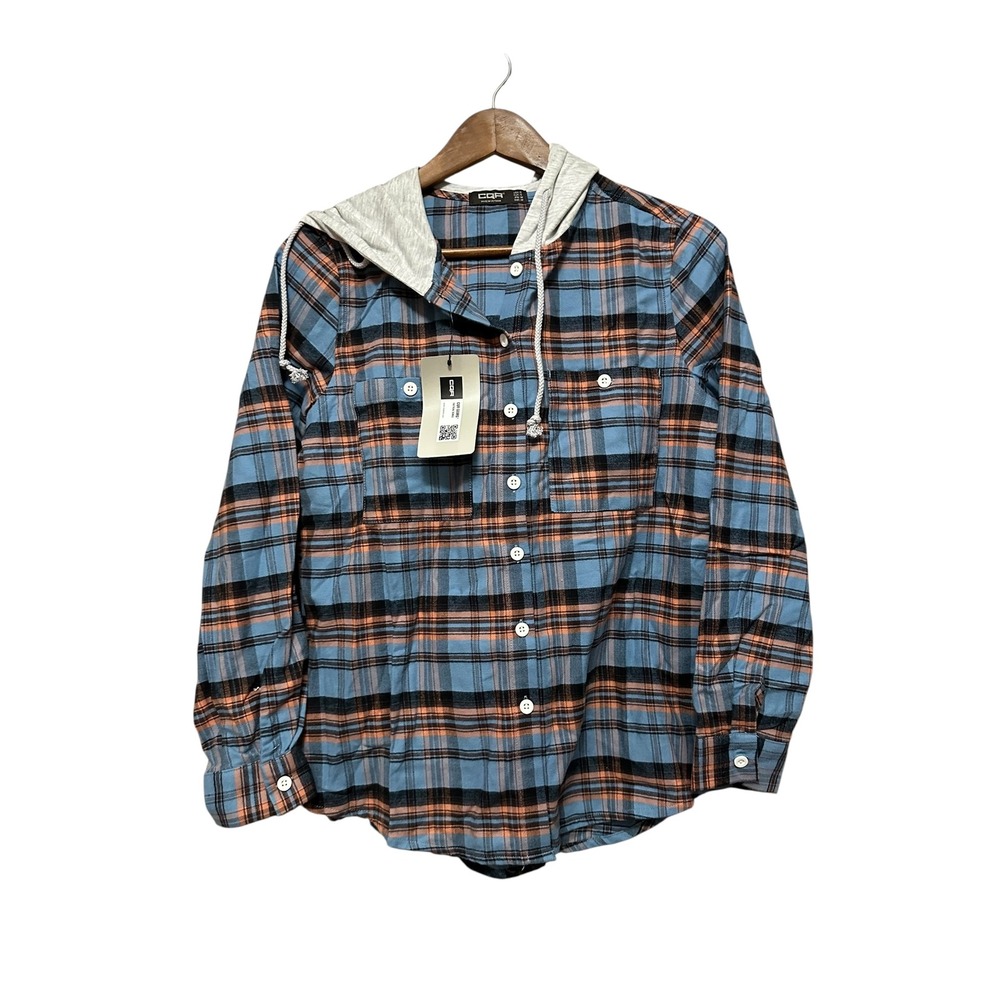 CQR Hooded Flannel Shirt Jacket Women's Small Plaid‎ Button Up Long Sleeve
